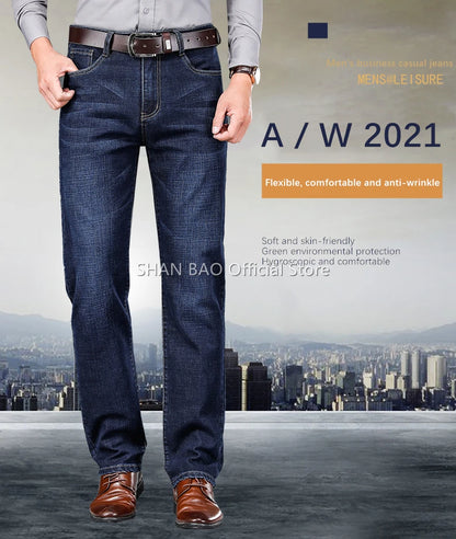 Men's Straight Jeans - Business Casual Stretch Denim Pants With Badge Decoration - ZOOMNSTORE