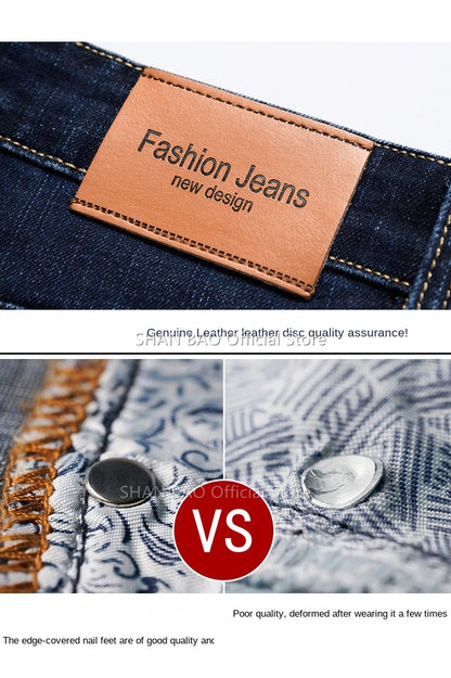 Men's Straight Jeans - Business Casual Stretch Denim Pants With Badge Decoration - ZOOMNSTORE
