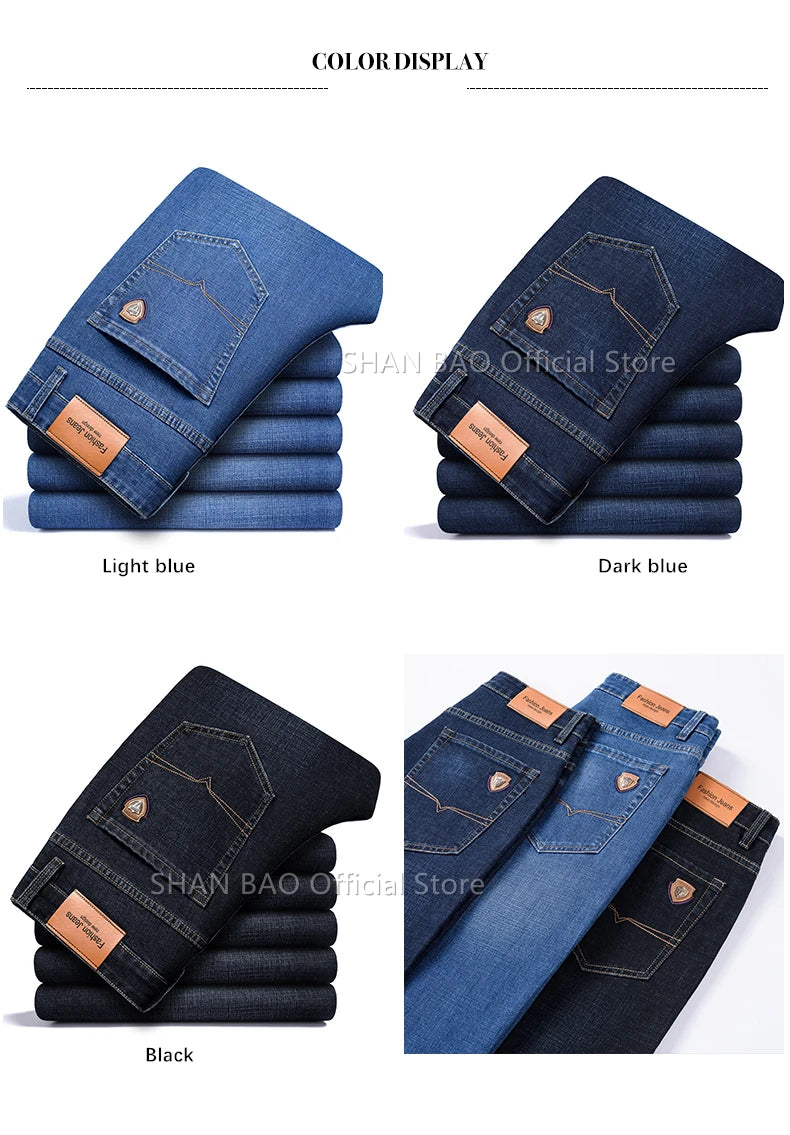 Men's Straight Jeans - Business Casual Stretch Denim Pants With Badge Decoration - ZOOMNSTORE
