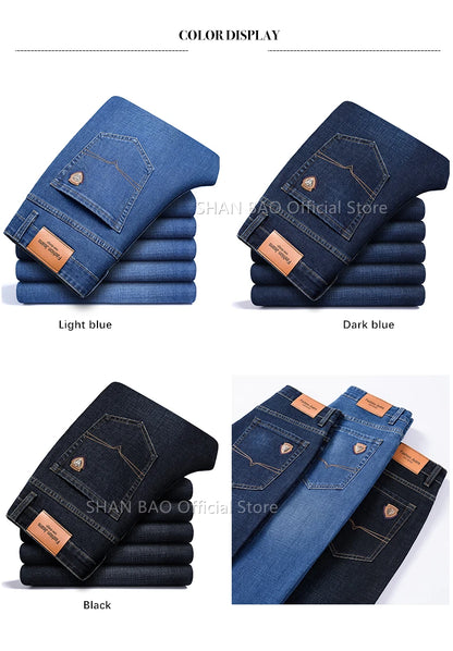 Men's Straight Jeans - Business Casual Stretch Denim Pants With Badge Decoration - ZOOMNSTORE