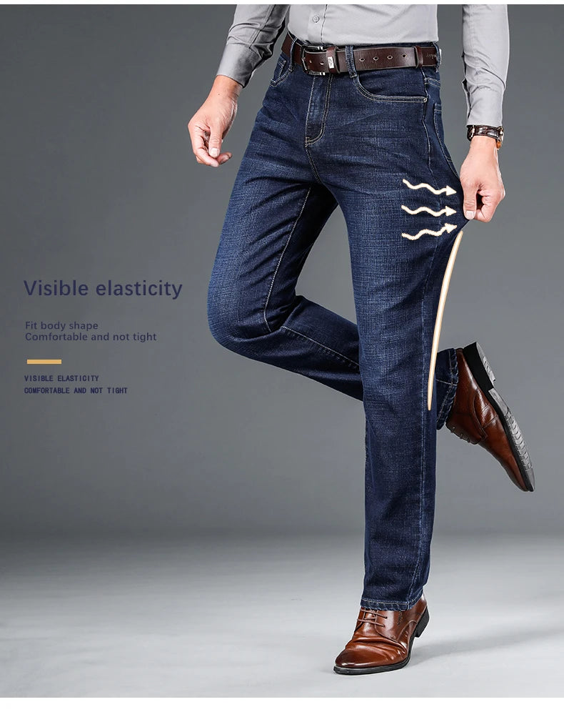 Men's Straight Jeans - Business Casual Stretch Denim Pants With Badge Decoration - ZOOMNSTORE