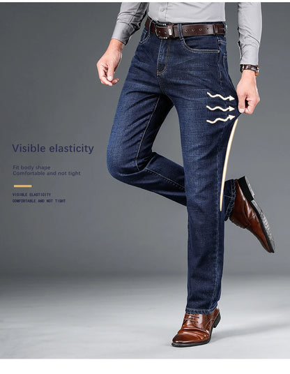 Men's Straight Jeans - Business Casual Stretch Denim Pants With Badge Decoration - ZOOMNSTORE