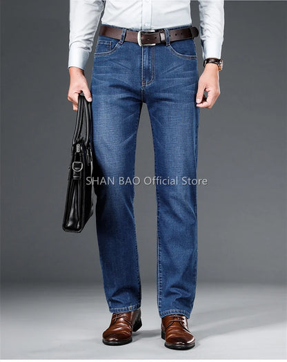 Men's Straight Jeans - Business Casual Stretch Denim Pants With Badge Decoration - ZOOMNSTORE