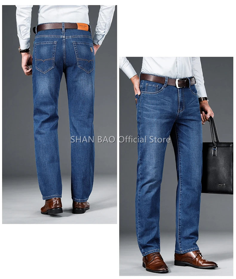 Men's Straight Jeans - Business Casual Stretch Denim Pants With Badge Decoration - ZOOMNSTORE