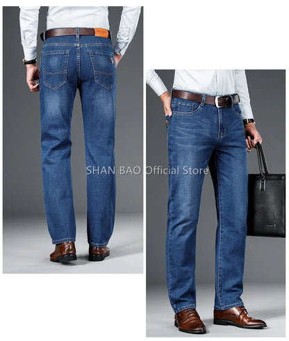 Men's Straight Jeans - Business Casual Stretch Denim Pants With Badge Decoration - ZOOMNSTORE