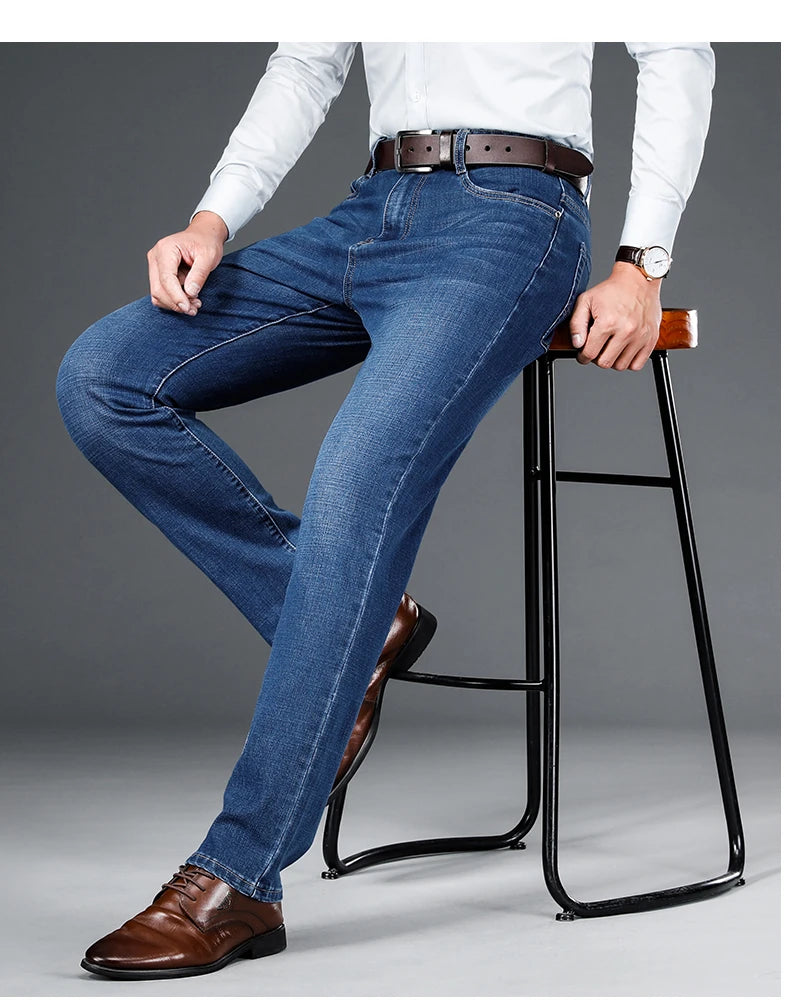Men's Straight Jeans - Business Casual Stretch Denim Pants With Badge Decoration - ZOOMNSTORE