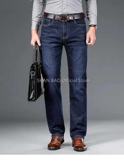 Men's Straight Jeans - Business Casual Stretch Denim Pants With Badge Decoration - ZOOMNSTORE