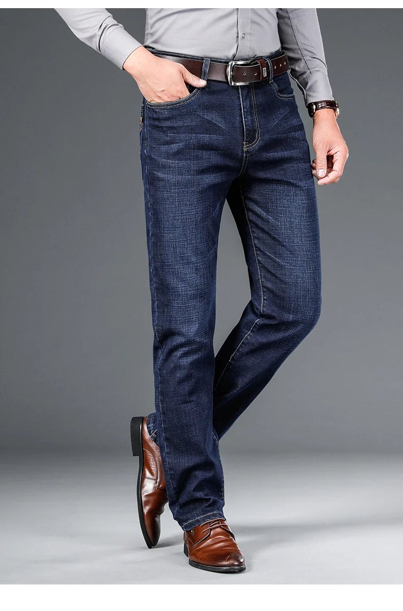 Men's Straight Jeans - Business Casual Stretch Denim Pants With Badge Decoration - ZOOMNSTORE
