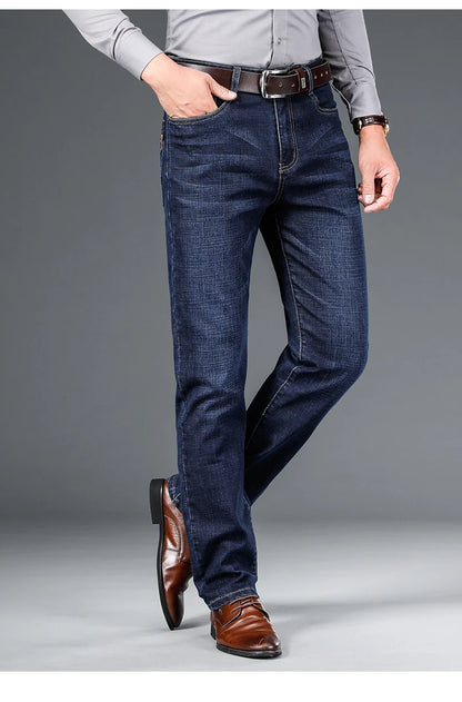 Men's Straight Jeans - Business Casual Stretch Denim Pants With Badge Decoration - ZOOMNSTORE