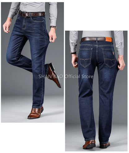 Men's Straight Jeans - Business Casual Stretch Denim Pants With Badge Decoration - ZOOMNSTORE