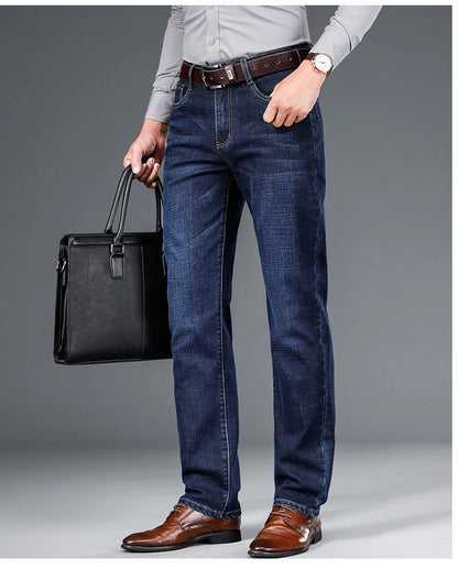 Men's Straight Jeans - Business Casual Stretch Denim Pants With Badge Decoration - ZOOMNSTORE