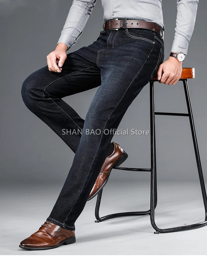 Men's Straight Jeans - Business Casual Stretch Denim Pants With Badge Decoration - ZOOMNSTORE