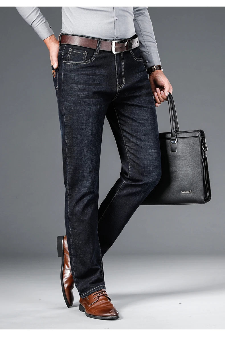 Men's Straight Jeans - Business Casual Stretch Denim Pants With Badge Decoration - ZOOMNSTORE