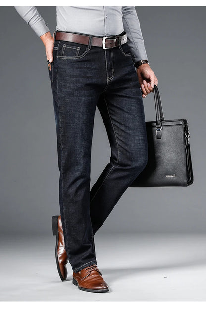 Men's Straight Jeans - Business Casual Stretch Denim Pants With Badge Decoration - ZOOMNSTORE