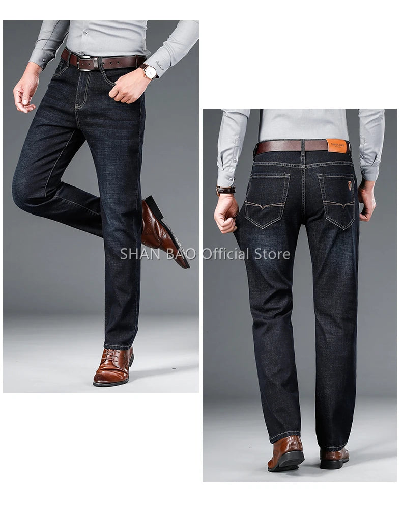 Men's Straight Jeans - Business Casual Stretch Denim Pants With Badge Decoration - ZOOMNSTORE