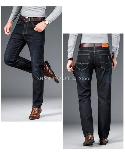 Men's Straight Jeans - Business Casual Stretch Denim Pants With Badge Decoration - ZOOMNSTORE