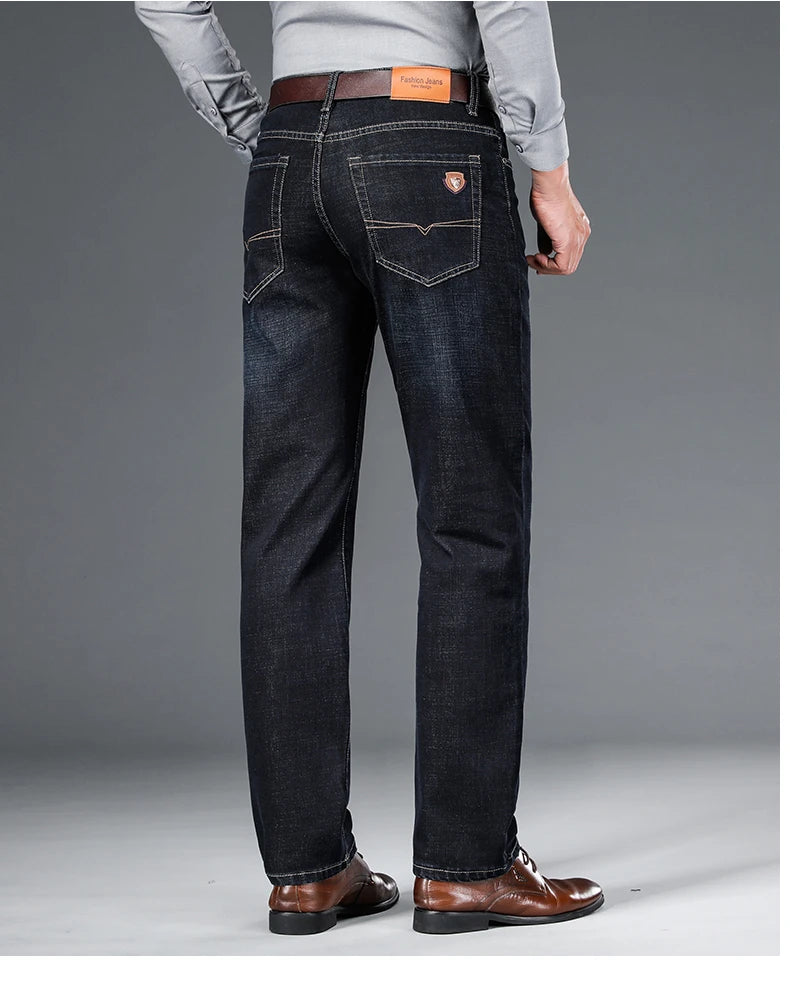 Men's Straight Jeans - Business Casual Stretch Denim Pants With Badge Decoration - ZOOMNSTORE
