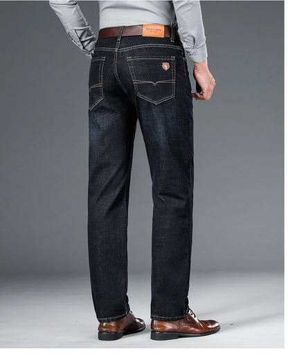 Men's Straight Jeans - Business Casual Stretch Denim Pants With Badge Decoration - ZOOMNSTORE