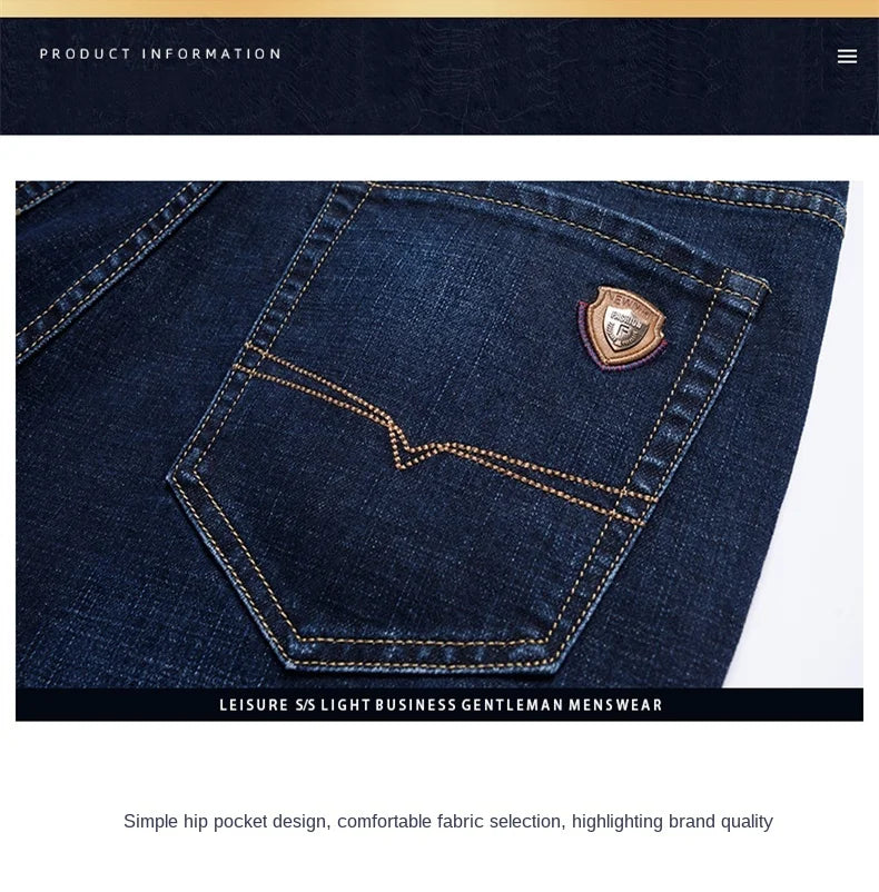 Men's Straight Jeans - Business Casual Stretch Denim Pants With Badge Decoration - ZOOMNSTORE