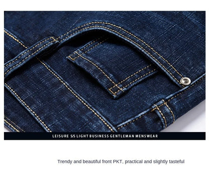 Men's Straight Jeans - Business Casual Stretch Denim Pants With Badge Decoration - ZOOMNSTORE