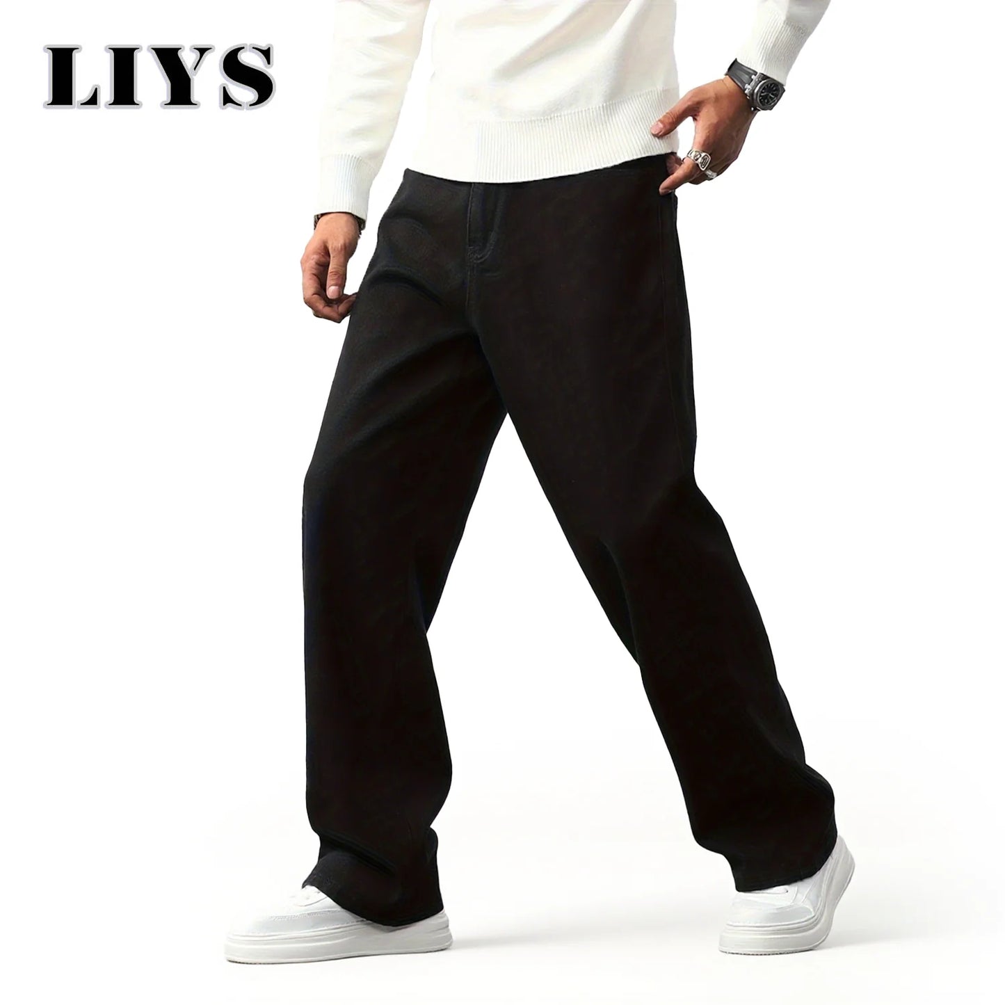 Men's Straight Jeans - Classic Black Denim Pants | Business Casual Trousers, Soft Drape Cotton Blend - ZOOMNSTORE