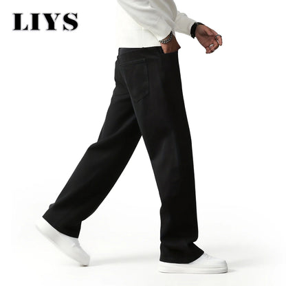 Men's Straight Jeans - Classic Black Denim Pants | Business Casual Trousers, Soft Drape Cotton Blend - ZOOMNSTORE