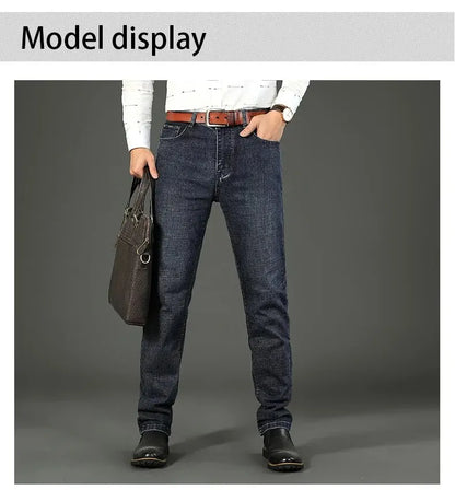 Wthinlee New Business Men's Jeans fleece Casual Straight Stretch Fashion Classic Blue Black Work Denim Trousers Male  Clothing - ZOOMNSTORE