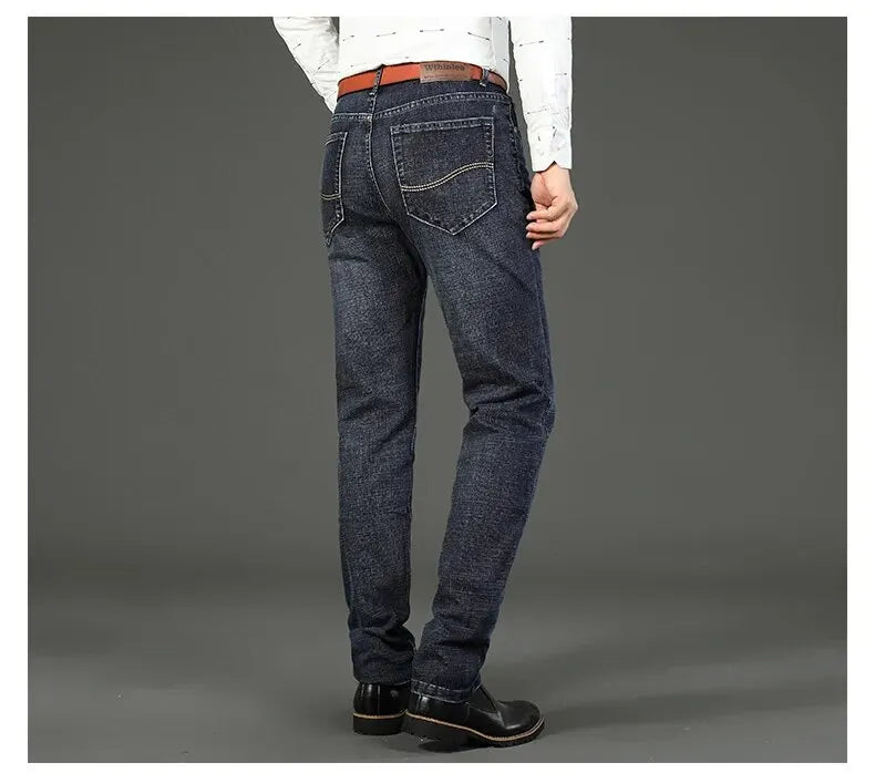 Wthinlee New Business Men's Jeans fleece Casual Straight Stretch Fashion Classic Blue Black Work Denim Trousers Male  Clothing - ZOOMNSTORE
