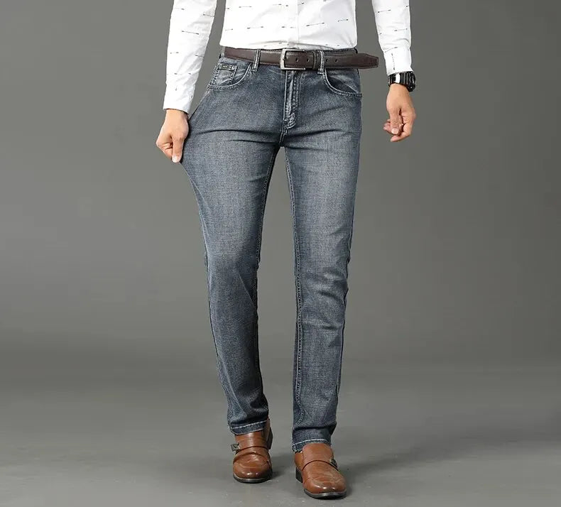 Wthinlee New Business Men's Jeans fleece Casual Straight Stretch Fashion Classic Blue Black Work Denim Trousers Male  Clothing - ZOOMNSTORE
