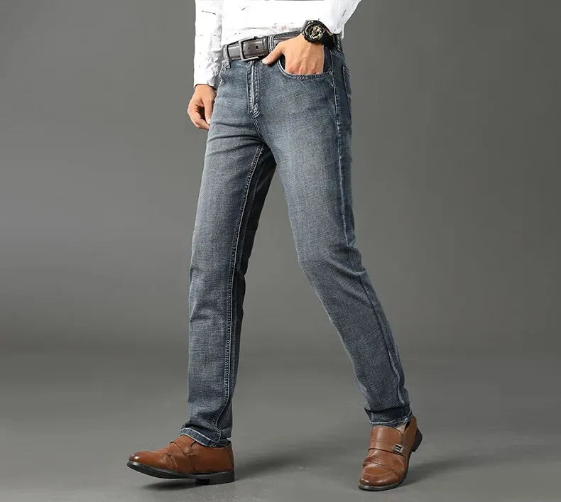 Wthinlee New Business Men's Jeans fleece Casual Straight Stretch Fashion Classic Blue Black Work Denim Trousers Male  Clothing - ZOOMNSTORE
