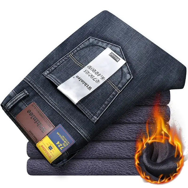 Wthinlee New Business Men's Jeans fleece Casual Straight Stretch Fashion Classic Blue Black Work Denim Trousers Male  Clothing - ZOOMNSTORE