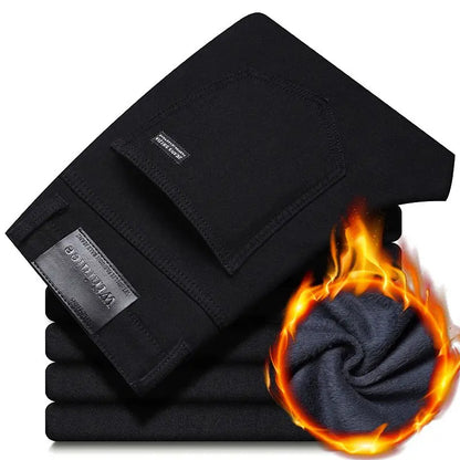 Wthinlee New Business Men's Jeans fleece Casual Straight Stretch Fashion Classic Blue Black Work Denim Trousers Male  Clothing - ZOOMNSTORE