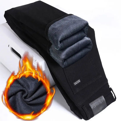 Wthinlee New Business Men's Jeans fleece Casual Straight Stretch Fashion Classic Blue Black Work Denim Trousers Male  Clothing - ZOOMNSTORE