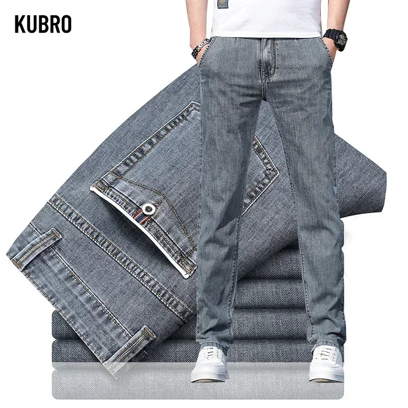 Mens Loose Stretch Gray Jeans - Casual Straight-Leg Denim Pants - ZOOMNSTORE