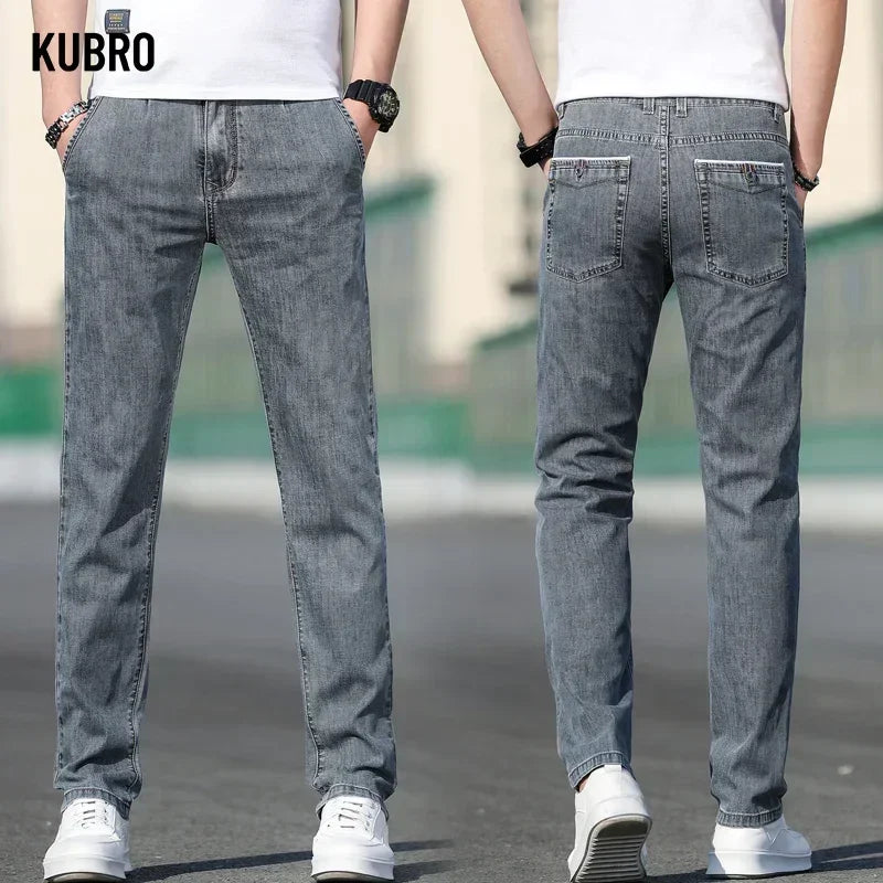 Mens Loose Stretch Gray Jeans - Casual Straight-Leg Denim Pants - ZOOMNSTORE