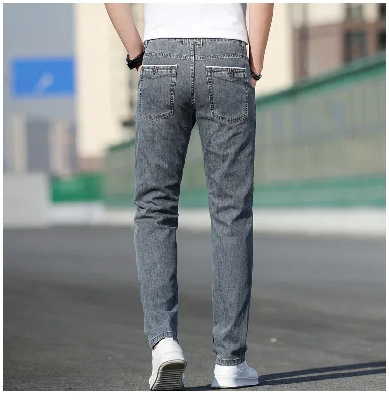 Mens Loose Stretch Gray Jeans - Casual Straight-Leg Denim Pants - ZOOMNSTORE