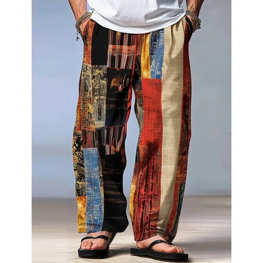 Men's Summer Trousers - Casual Beach Pants With Drawstring Waist & 3D Print Geometry Pattern - ZOOMNSTORE