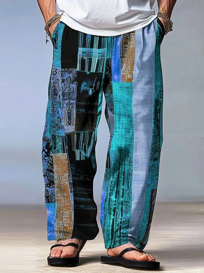 Men's Summer Trousers - Casual Beach Pants With Drawstring Waist & 3D Print Geometry Pattern - ZOOMNSTORE