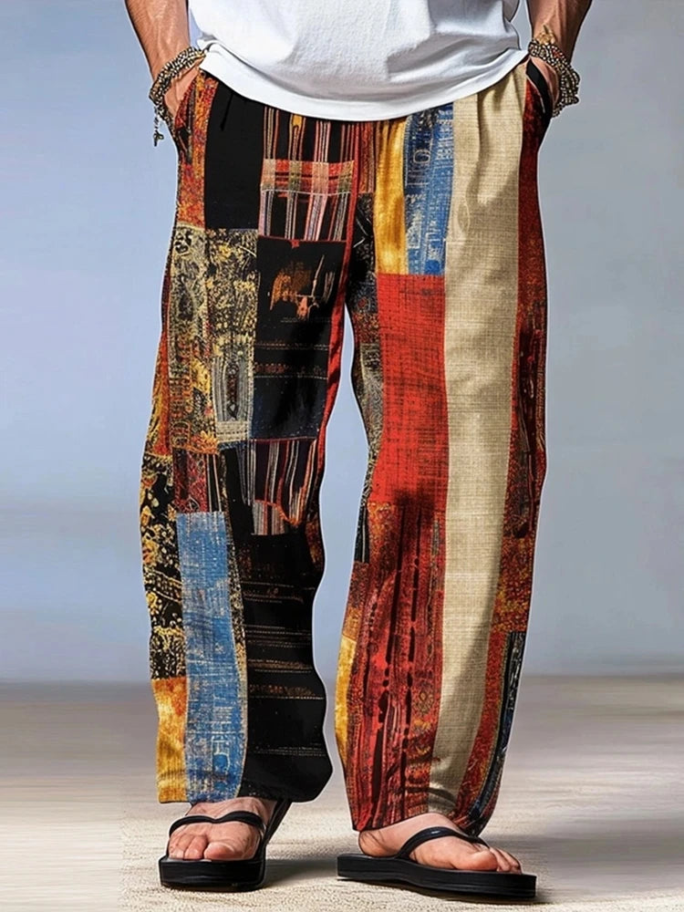Men's Summer Trousers - Casual Beach Pants With Drawstring Waist & 3D Print Geometry Pattern - ZOOMNSTORE