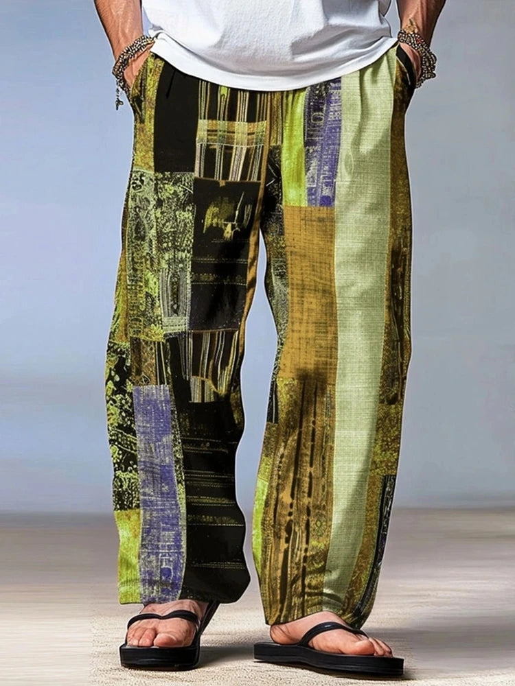 Men's Summer Trousers - Casual Beach Pants With Drawstring Waist & 3D Print Geometry Pattern - ZOOMNSTORE