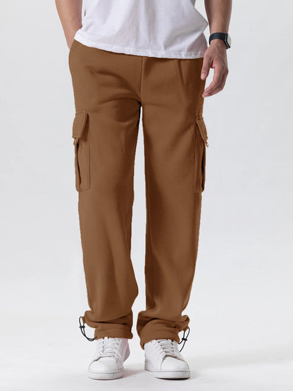 Men's Multi-Pockets Sweatpants Autumn Winter Drawstring Straight Fit Pants Running Jogger Sports Gym Trousers Male Loose Pants - ZOOMNSTORE