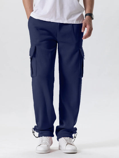 Men's Multi-Pockets Sweatpants Autumn Winter Drawstring Straight Fit Pants Running Jogger Sports Gym Trousers Male Loose Pants - ZOOMNSTORE