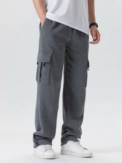 Men's Multi-Pockets Sweatpants Autumn Winter Drawstring Straight Fit Pants Running Jogger Sports Gym Trousers Male Loose Pants - ZOOMNSTORE