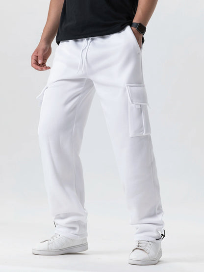 Men's Multi-Pockets Sweatpants Autumn Winter Drawstring Straight Fit Pants Running Jogger Sports Gym Trousers Male Loose Pants - ZOOMNSTORE