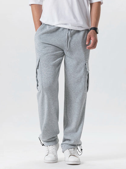 Men's Multi-Pockets Sweatpants Autumn Winter Drawstring Straight Fit Pants Running Jogger Sports Gym Trousers Male Loose Pants - ZOOMNSTORE