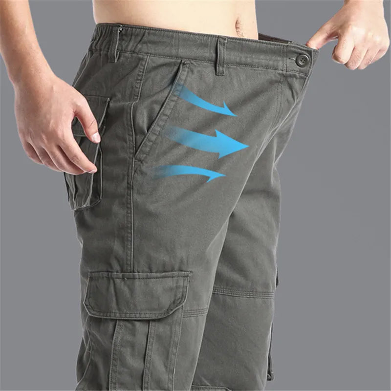 Men's Tactical Cargo Pants - Loose Fit Elastic Waist Cotton Work Trousers - ZOOMNSTORE