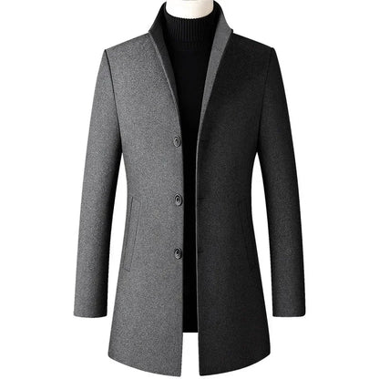 Men's Trench Coat - Business Casual Jacket With Stand Collar, Warm Wool Blend - ZOOMNSTORE
