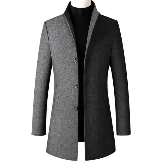 Men's Trench Coat - Business Casual Jacket With Stand Collar, Warm Wool Blend - ZOOMNSTORE