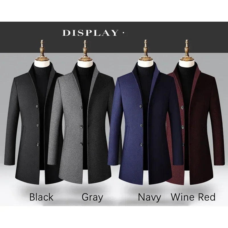 Men's Trench Coat - Business Casual Jacket With Stand Collar, Warm Wool Blend - ZOOMNSTORE