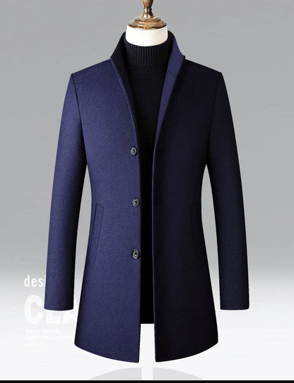 Men's Trench Coat - Business Casual Jacket With Stand Collar, Warm Wool Blend - ZOOMNSTORE